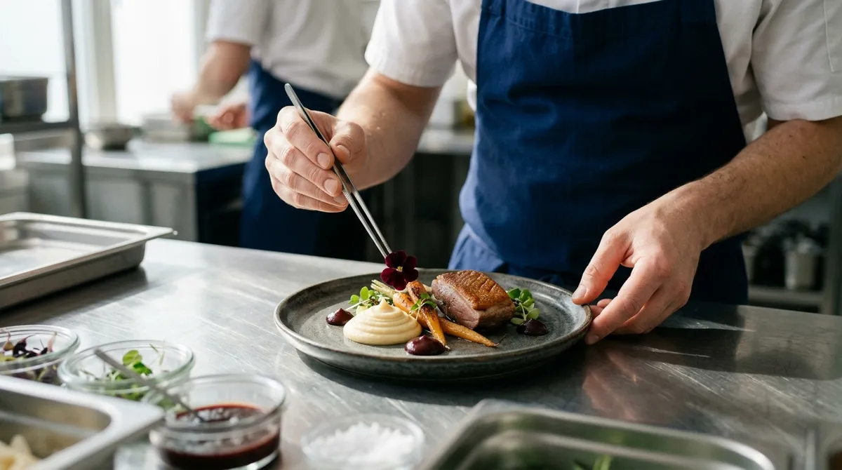 Chef traiteur dressant une assiette